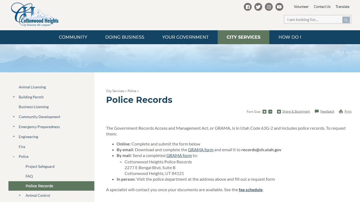 Police Records | Cottonwood Heights, UT